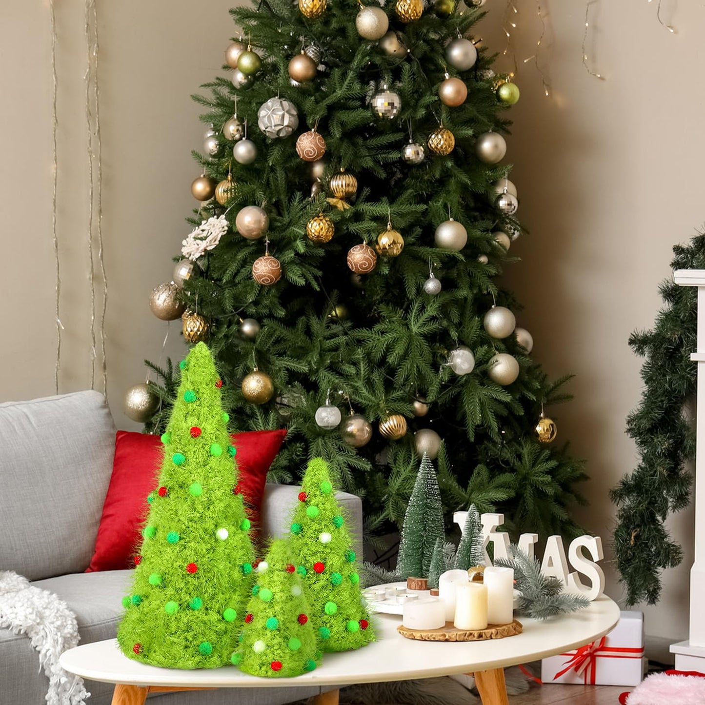 Fullhawl 3 Pcs Christmas Table Decorations Lime Green Furry Christmas Tree Yarn Centerpiece Artificial Plush Fur Fluffy Spot Surface Cone Table Signs Xmas Party Decor (Green,Multiple Size)