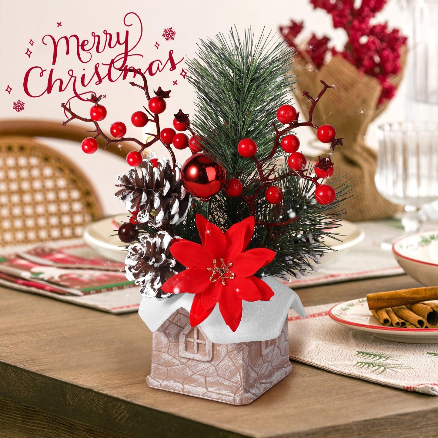 Small Christmas Tree Tabletop Artificial Mini Christmas Tree Decorations with Holiday Ornaments Red Berry Pine Cone Greenery for Home Indoor Fireplace Mantel Xmas Decor (Cabin-Red Flowers)