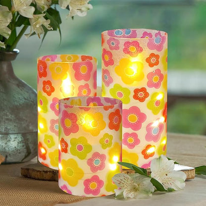 Flickering Flameless Candles Cute Colorful Flowers Print Embedded Star String Lights, Battery Operated Acrylic LED Pillar Candles with 11-Key Remote and Timer for Home Decoration, 3 Pack