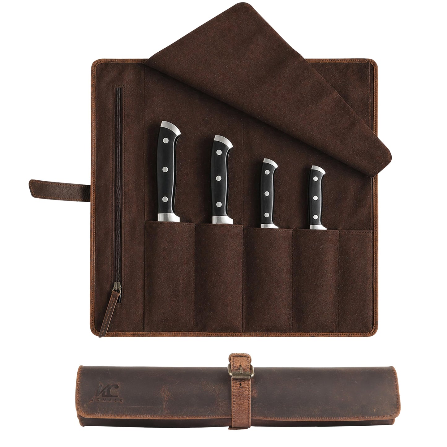Leather Knife Roll Bag for Chefs – 17.5” x 17.5” Professional Chef Knife Storage Organizer, Portable Culinary Knife Case, Travel Knife Roll for Kitchen, BBQ & Catering