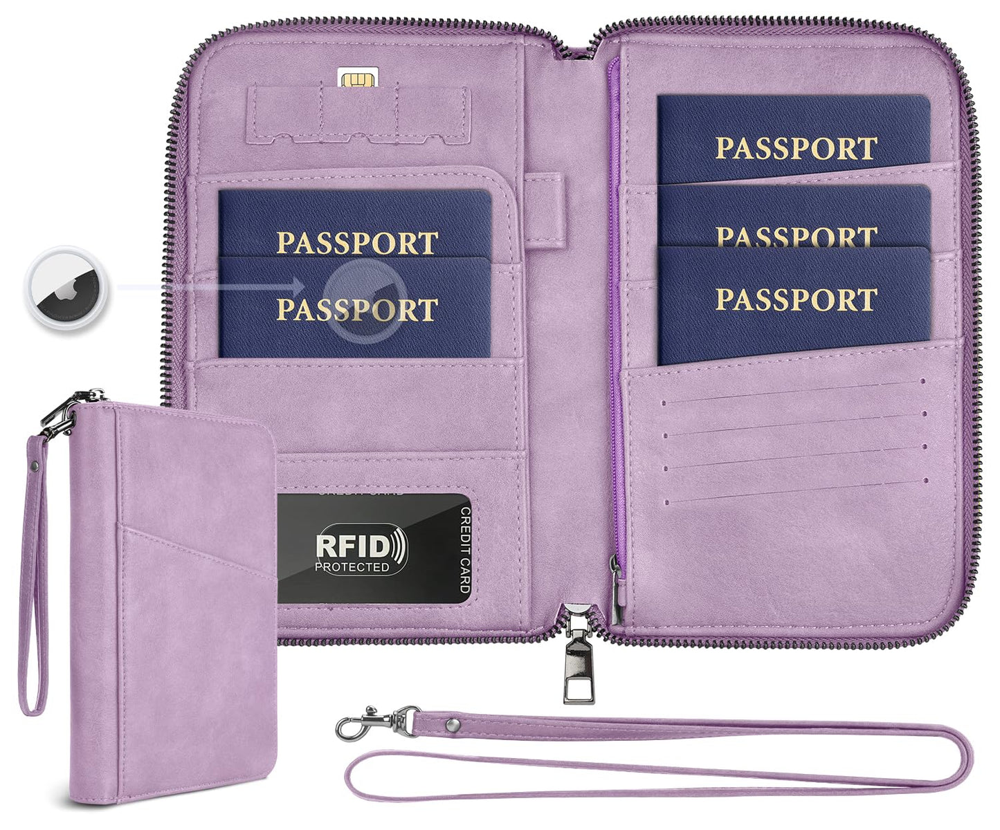 Family Passport Holder Wallet RFID Travel Document Organizer for Women Men, Portable Case Cover for Cards, Boarding Pass with Wrist & Neck Double Strap, Travel Christmas Gifts (Purple, 1pack)