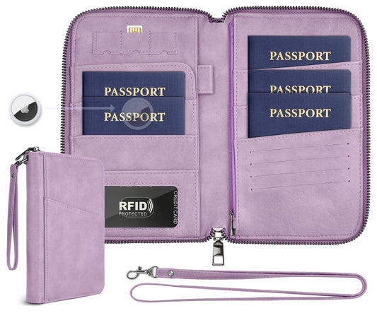 Family Passport Holder Wallet RFID Travel Document Organizer for Women Men, Portable Case Cover for Cards, Boarding Pass with Wrist & Neck Double Strap, Travel Christmas Gifts (Purple, 1pack)