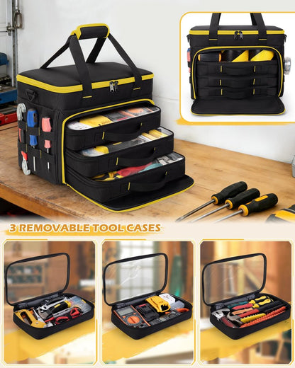 Marscamd 2 Layers Tool Bag with 3 Clear Window Removable Cases, Heavy Duty Tool Tote with Molle Webbing and Detachable Shoulder Strap, Black/Yellow