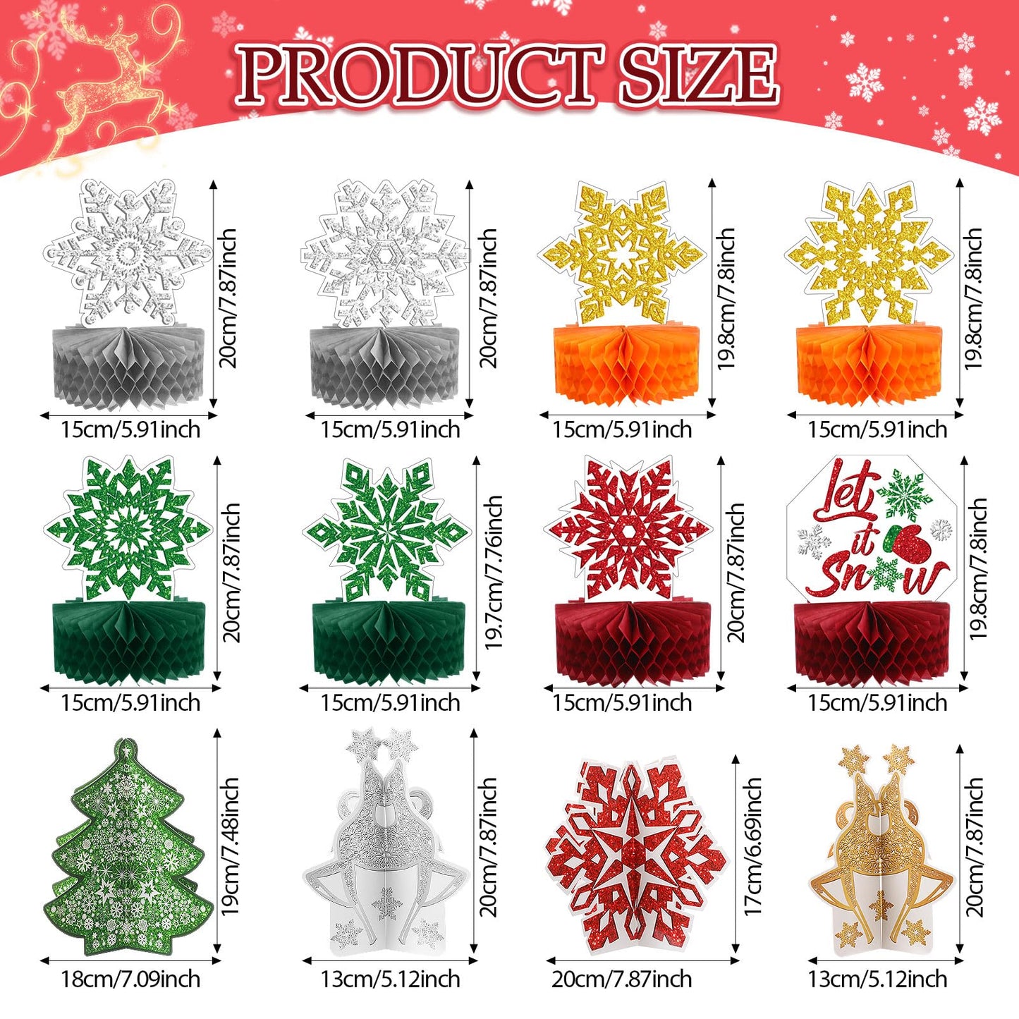 Pajean 12 Pcs Christmas Table Decorations Centerpieces Winter Snowflake Honeycomb Red and Green 3D Xmas Tree Elf Let It Snow Tabletop Sign Gold Sliver Snowflake Wonderland Holiday Party Supplies