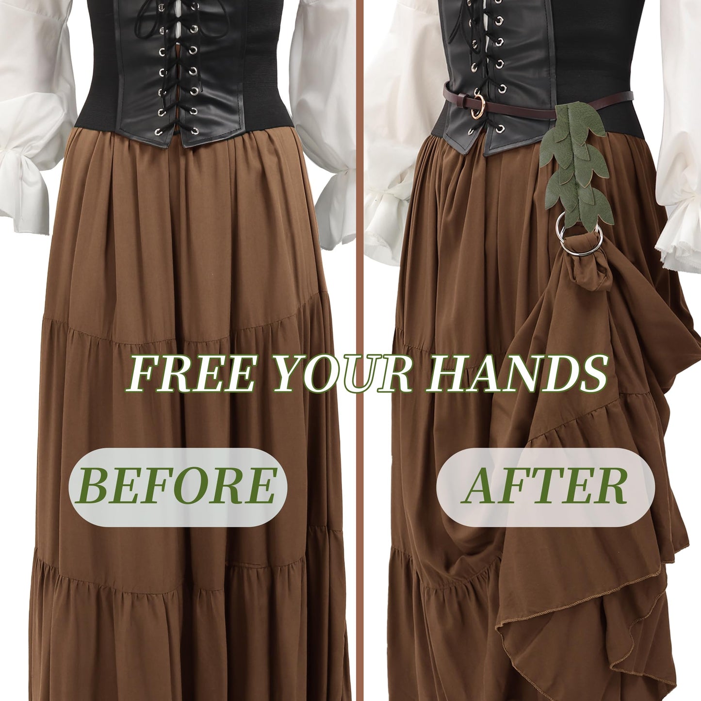 FURPHI Renaissance Skirt Hikes Faux Leather Leaf Medieval Ren Faire Cosplay Dress Waistband Accessories 2PCS Green