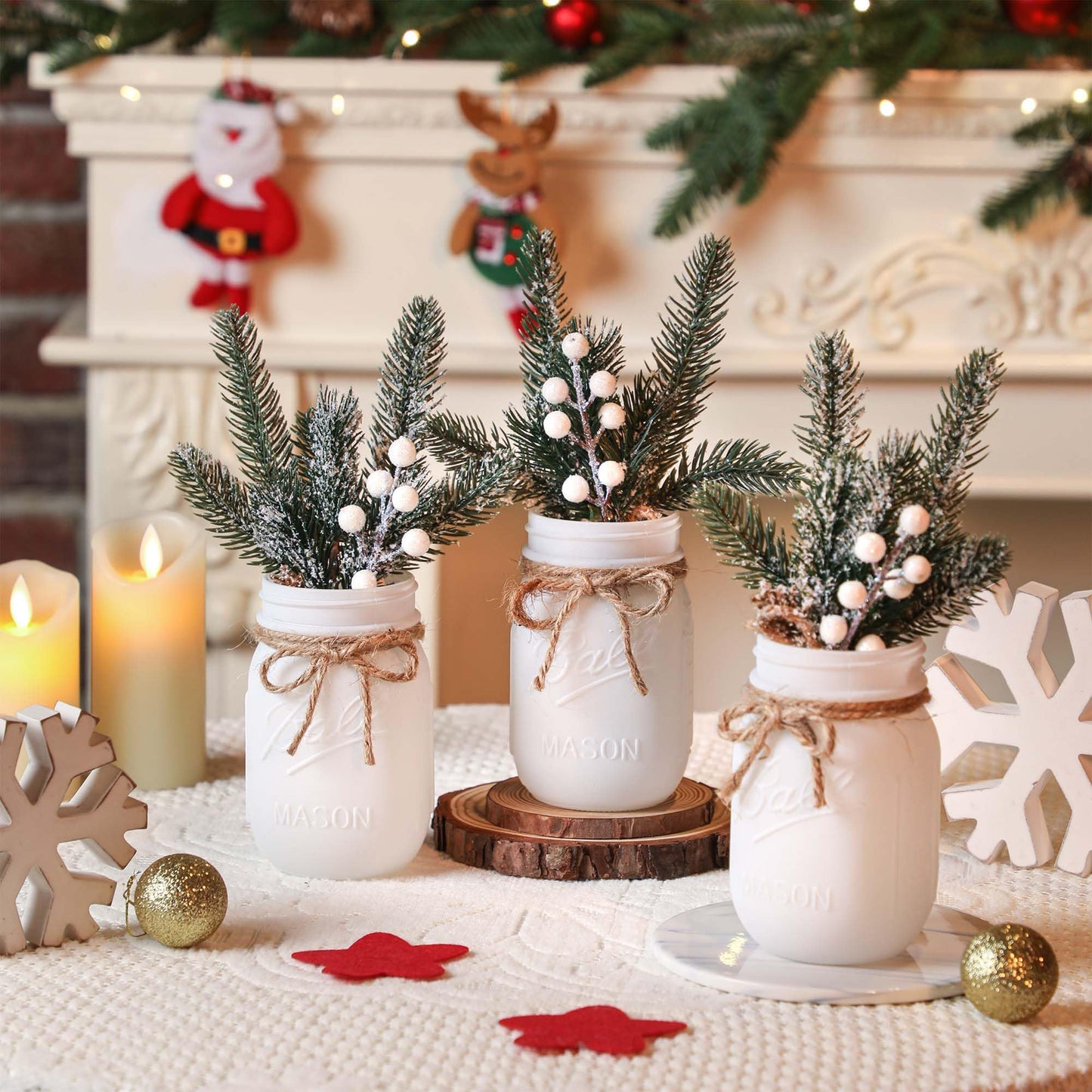 SUPREME LIGHTS ·2017· Christmas Mason Jars, Winter White Mason Jars, Christmas Centerpieces for Home Table Decor, Wood Tray & 3 Decorative Jars, Winter Farmhouse Dining Table Centerpieces Decoration
