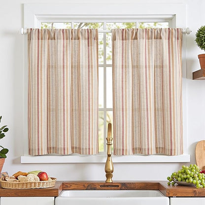 jinchan Colorful Striped Linen Kitchen Curtains 36 Inch Christmas Tier Curtains Farmhouse Modern Cafe Small Window Treatments Light Filtering Rod Pocket for Living Room Bathroom 2 Panels Multi Red
