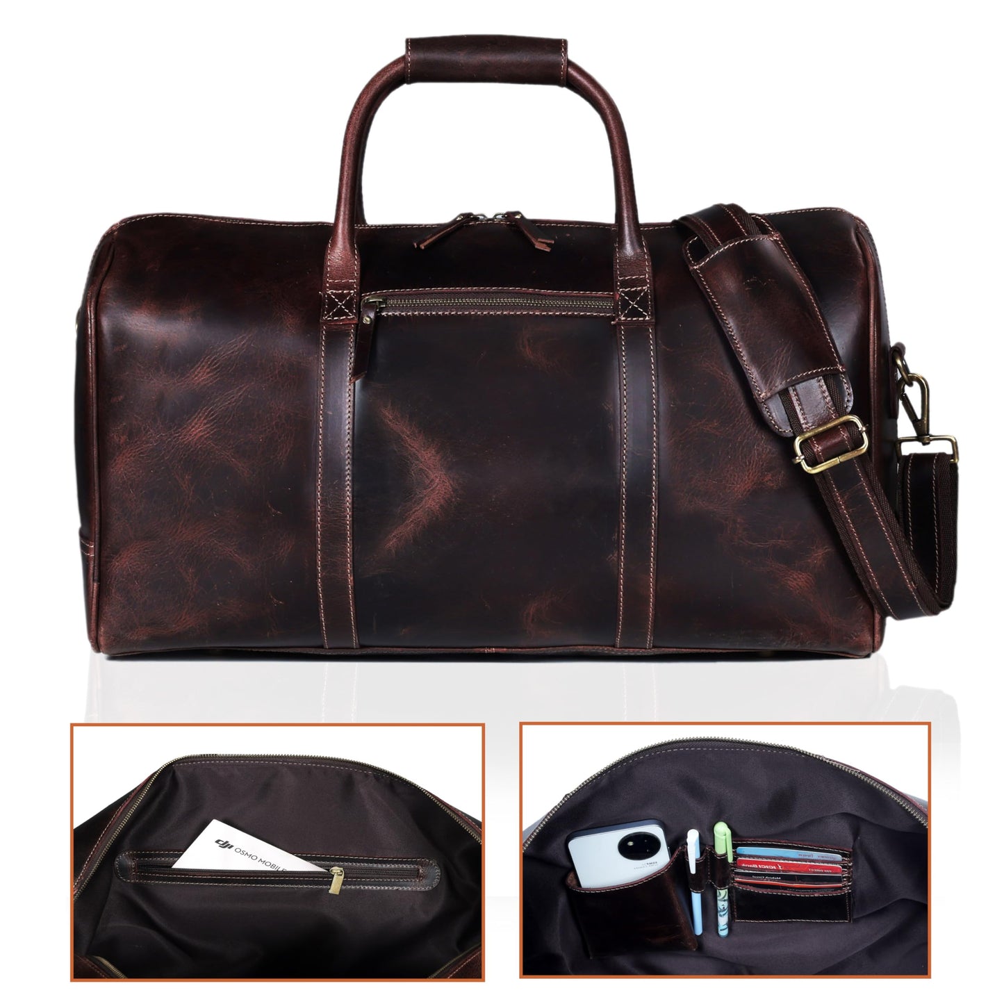 21 Inch Genuine Buffalo Leather Travel Duffle Bag | Overnight Weekend Leather Bag | Sports Gym Duffel for Men| Airplane Under Seat Carry on Bags (brown)