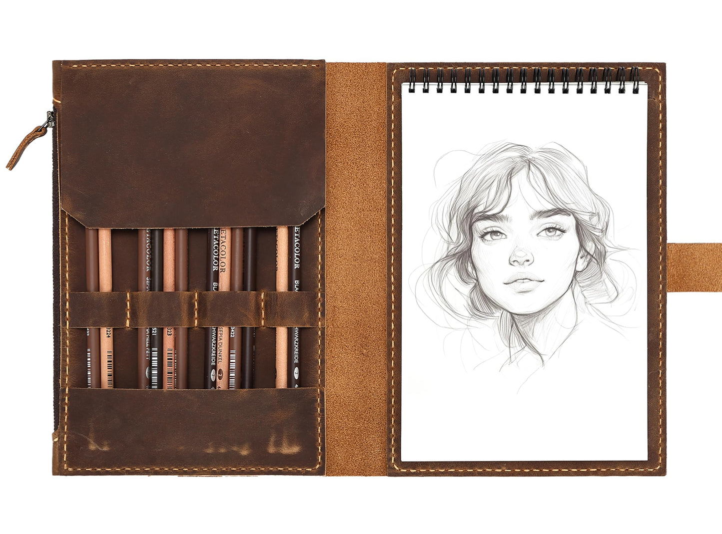 Fasjosma Leather Sketchbook Cover for A5/5.5"x8.5" Top Spiral Bound Sketch Pads - Handmade Genuine Leather Artist Case with Pencil Holder & Zipper Pocket, Professional Drawing Supplies