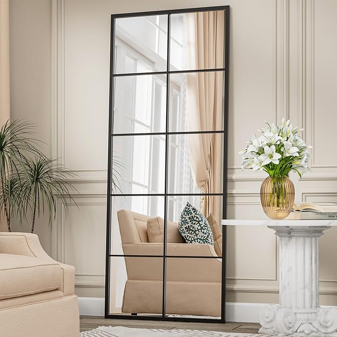 Full Length Mirror, 65"x24" Window Pane Mirror for Wall Decor, Black Full Body or Wall Mounted Mirrors, Farmhouse Standing Mirrors Hanging or Leaning for Living Room, Entryway, No Stand