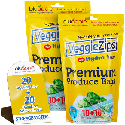 Bluapple VeggieZips Premium Produce Storage System - 40 Piece Set, 20 Food Saver Bags + 20 HydroLiners, Keep Produce Fresh Longer, Washable & Reusable Bags with Humidity Control for Fruit & Vegetables