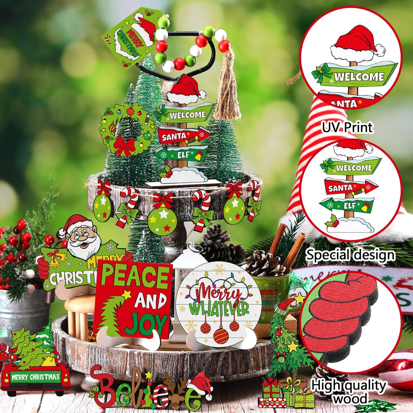 GlikCeil 19 Pcs Christmas Tiered Tray Decor Set Lime Green Red Tray Decorations Merry Christmas Decor Items Santa Candy Wooden Sign Xmas Table Centerpieces Decorations for Home Shelf Party