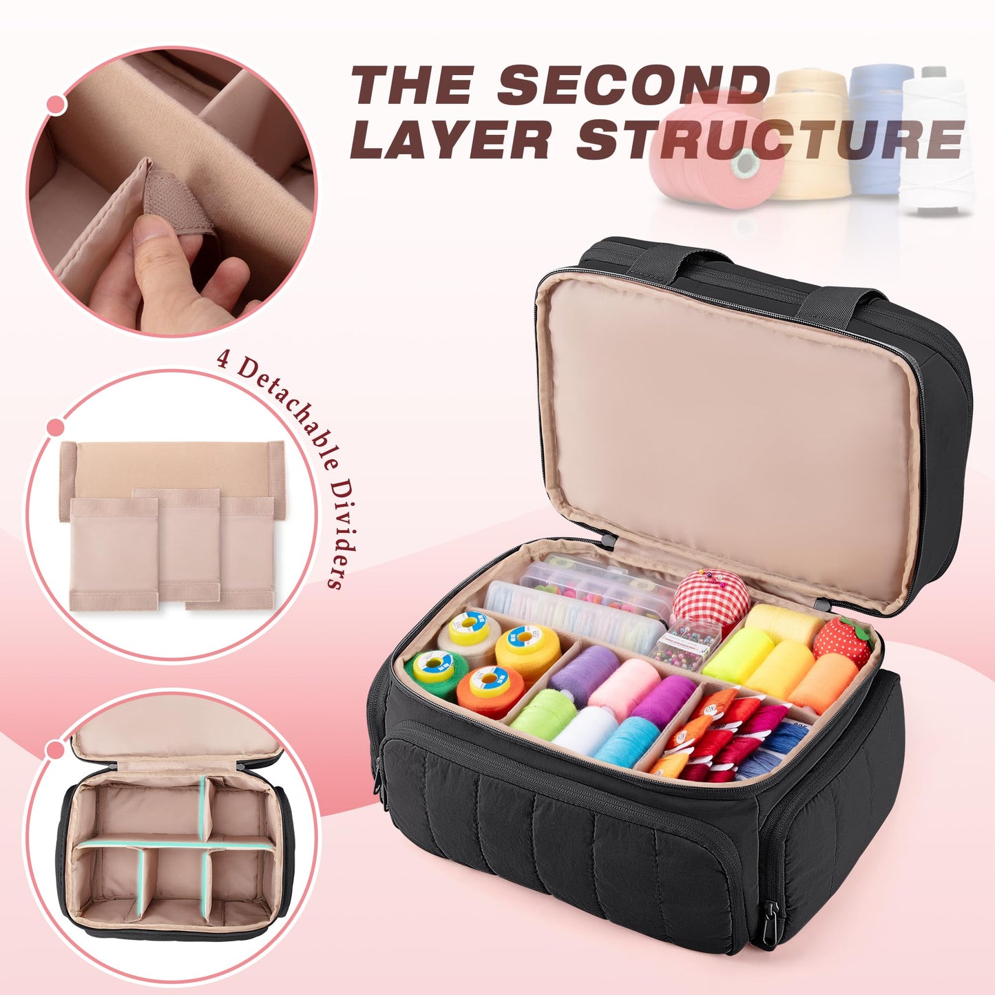 Marscamd Puffer Sewing Organizer Bag, Large Capacity with Multiple Pockets and Detachable Dividers, Storage Box for Threads, Needles, Scissors, Craft Supplies, Black (BAG ONLY, NO SUPPLIES)