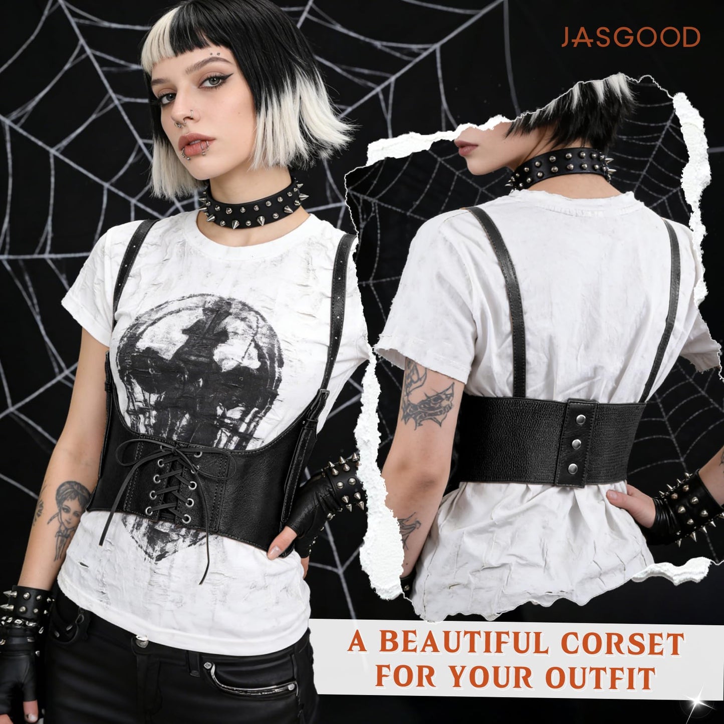 JASGOOD Women Faux Leather Corset Waist Belt Elastic Wide Underbust Corset Lace-up Steampunk Waspie Belt For Halloween