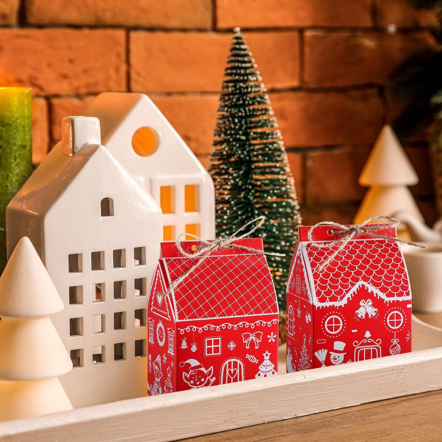 Zhanmai 48 Pcs Christmas Treat Boxes Candy Red Village Vintage Mini Gingerbread House Favor Box Christmas Party Paperboard Gift Boxes for Xmas Holiday Party Treat Cookie Goodie Snack Gift Packaging