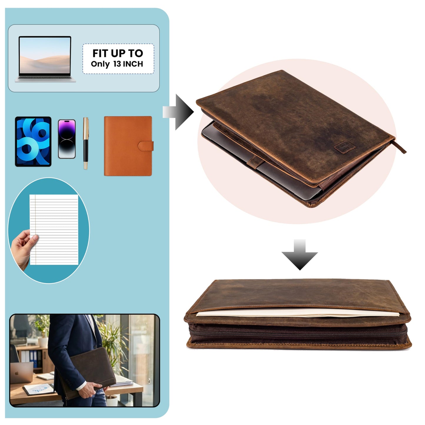 LEATHER VILLAGE Leather Portfolio Organizer - Professional Business Padfolio for Men & Women - Stylish Document Card Holder, Folio for A4/Letter Size Writing Legal Pad, Brown