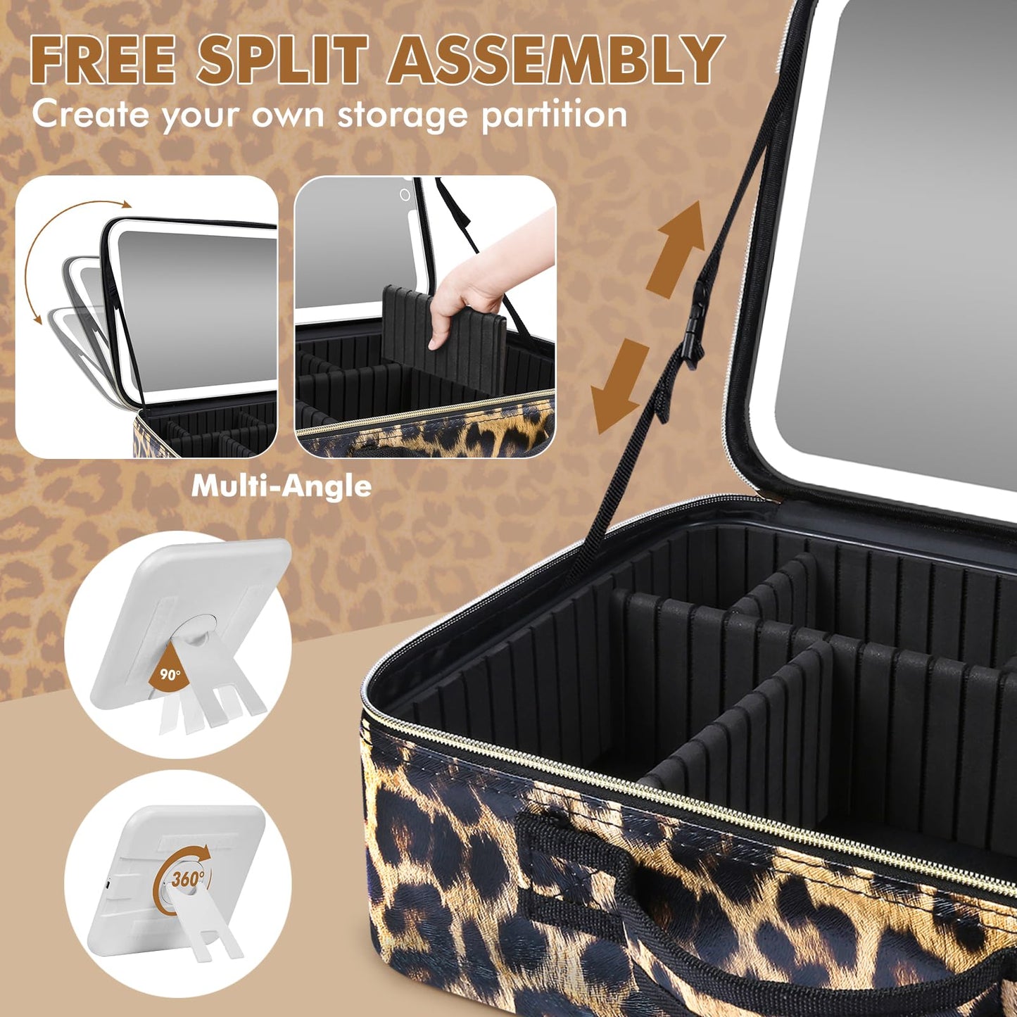 15''X11'' Large Makeup Bag with Removable Lighted Mirror, Professional Travel Make up Bag with Mirror and Light Cosmetic Train Case Organizer, PU Leather with Adjustable Dividers & Brush Storage Board