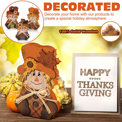 Ferraycle 3 Pcs Thanksgiving Scarecrow Decor Fall Decor Farmhouse Sign Rustic Tiered Tray Decorations Table Centerpieces Standing Pumpkin Turkey Wooden Block Sign for Home Kitchen(Scarecrow)