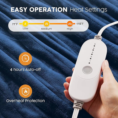 HYLEORY Heated Electric Blanket Throw 50"x60" Soft Fleece & Flannel with 5 Heating Levels & 3 Hours Timer Auto Shutt Off, ETL Certified, Washable，Heated Blanket for Body-Navy