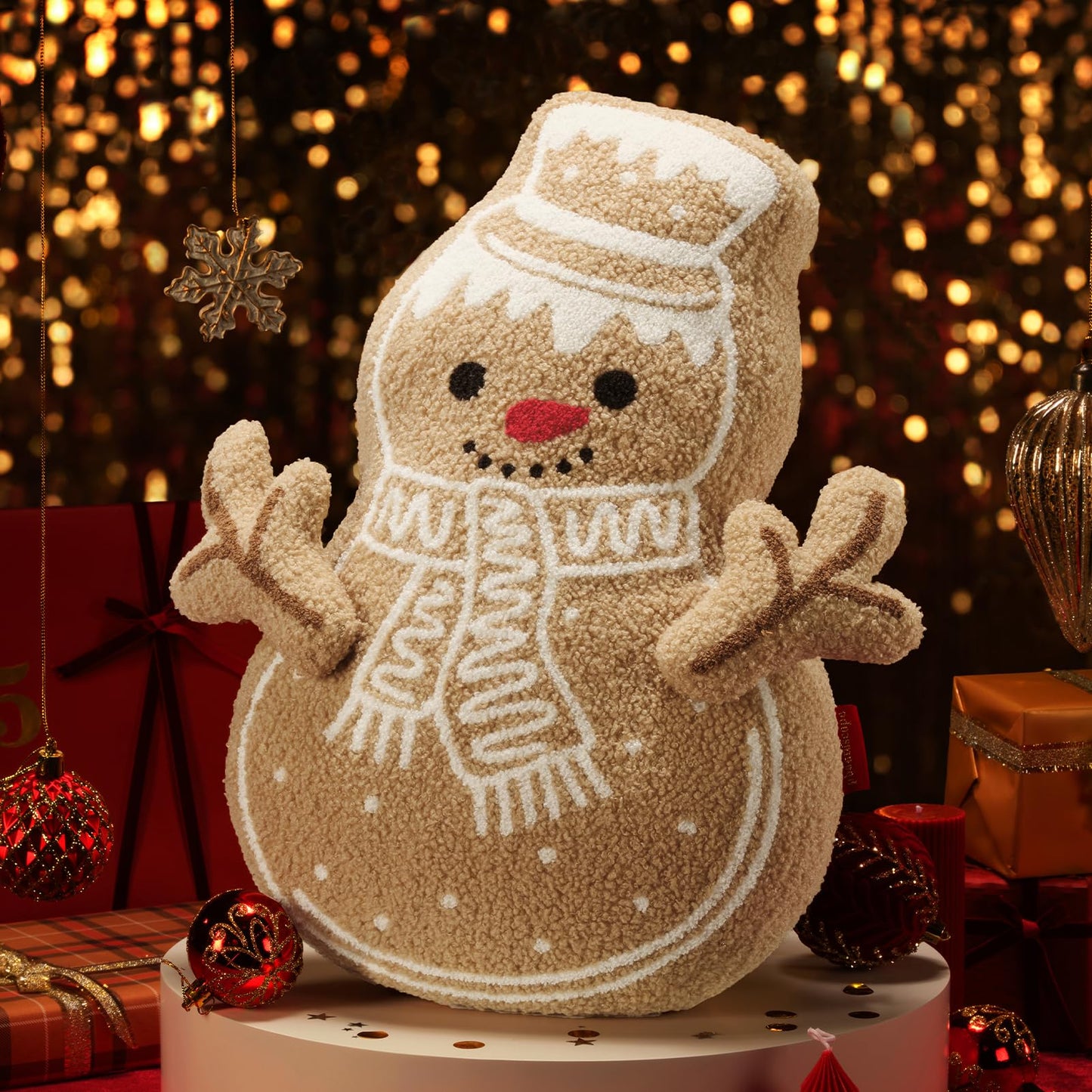 Phantoscope Gingerbread Merry Christmas Throw Pillow, Plush Teddy Xmas Gingerbread Snowman Shaped Pillows with DIY Branch Arms, Christmas Decorative Pillow for Couch, Beige, 19x11.5 inches
