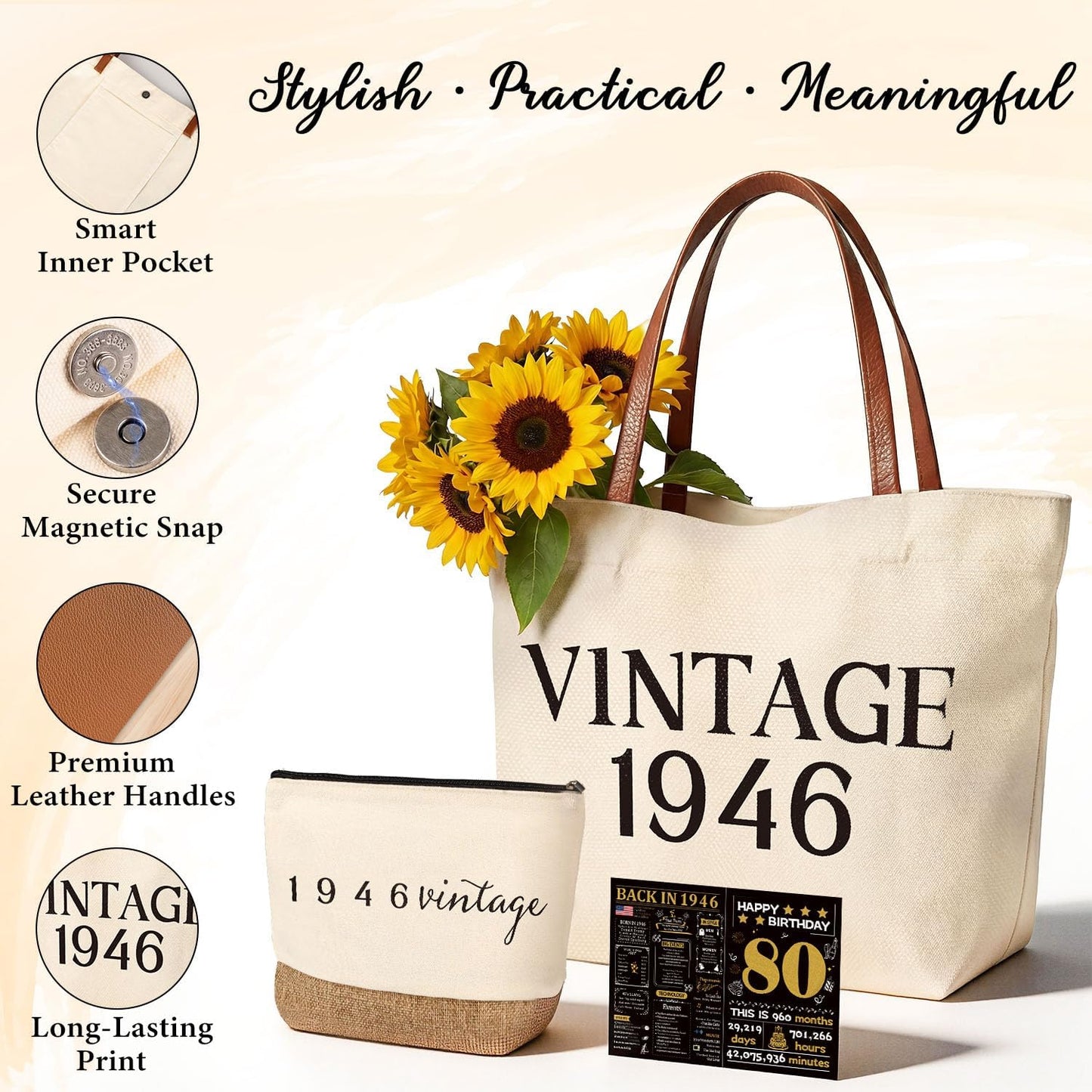 Vintage 1956 Gifts for Women, 70th Birthday Gift Set, Canvas Tote Bag with Leather Handles, Makeup Pouch & Back in 1956 Card, Gift for Her Turning 70