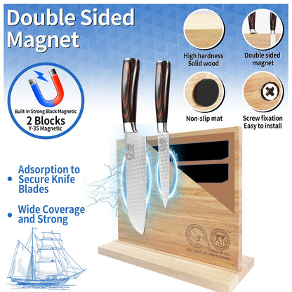 XYJ Authentic Since 1986, Magnetic Knife Block, Double Side Kitchen Knife Stand, Acacia Wood, Magnetic Knife Holder with Strong Enhanced Magnets,Knives Storage Rack Stand for Home Kitchen