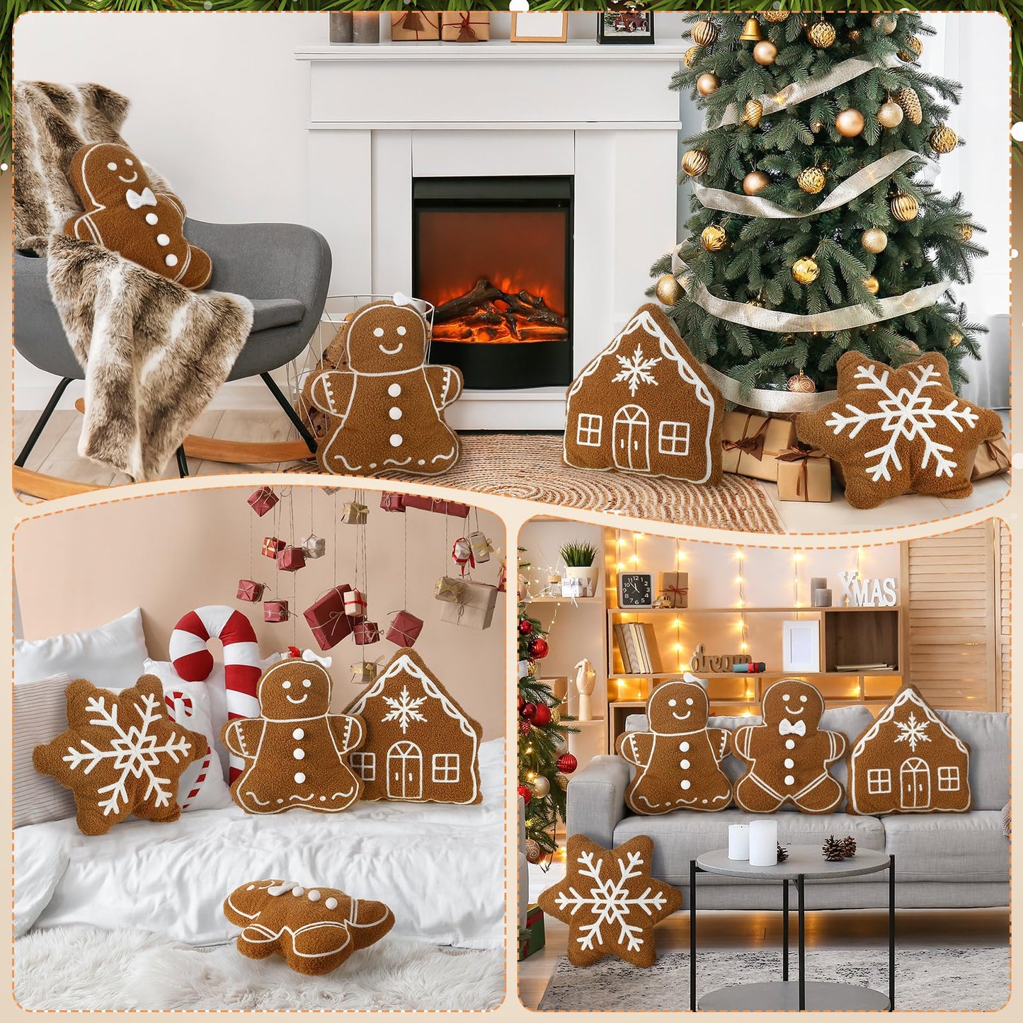 HunnmingRe 4 Pcs Christmas Throw Pillows Fall Football Plush Pillows Winter Holiday Cushion Soft Decorative Cushions for Couch Bedroom Living Room Thanksgiving Xmas Decor(Caramel,Gingerbread)
