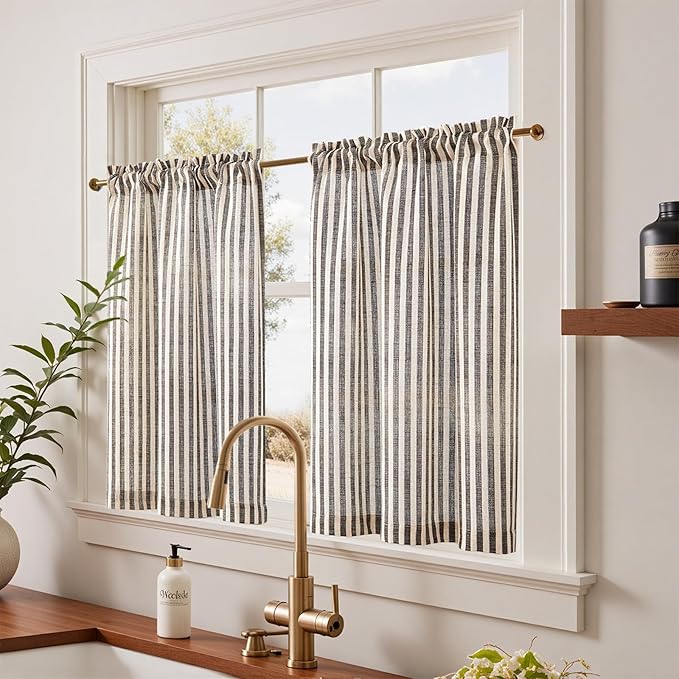 jinchan Striped Linen Kitchen Curtains 36 Inches Length Tier Curtains Farmhouse Modern Cafe Small Window Treatments Airy Light Filtering Rod Pocket for Living Room Bathroom 2 Panels Jet Black