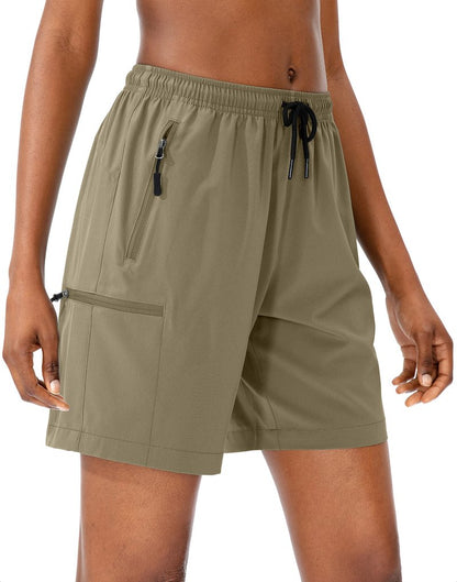SANTINY Women's 5''/ 7''/9'' Hiking Cargo Shorts Quick Dry Lightweight Summer Shorts for Women Athletic Golf Zipper Pockets(Dusty Khaki_XXL)