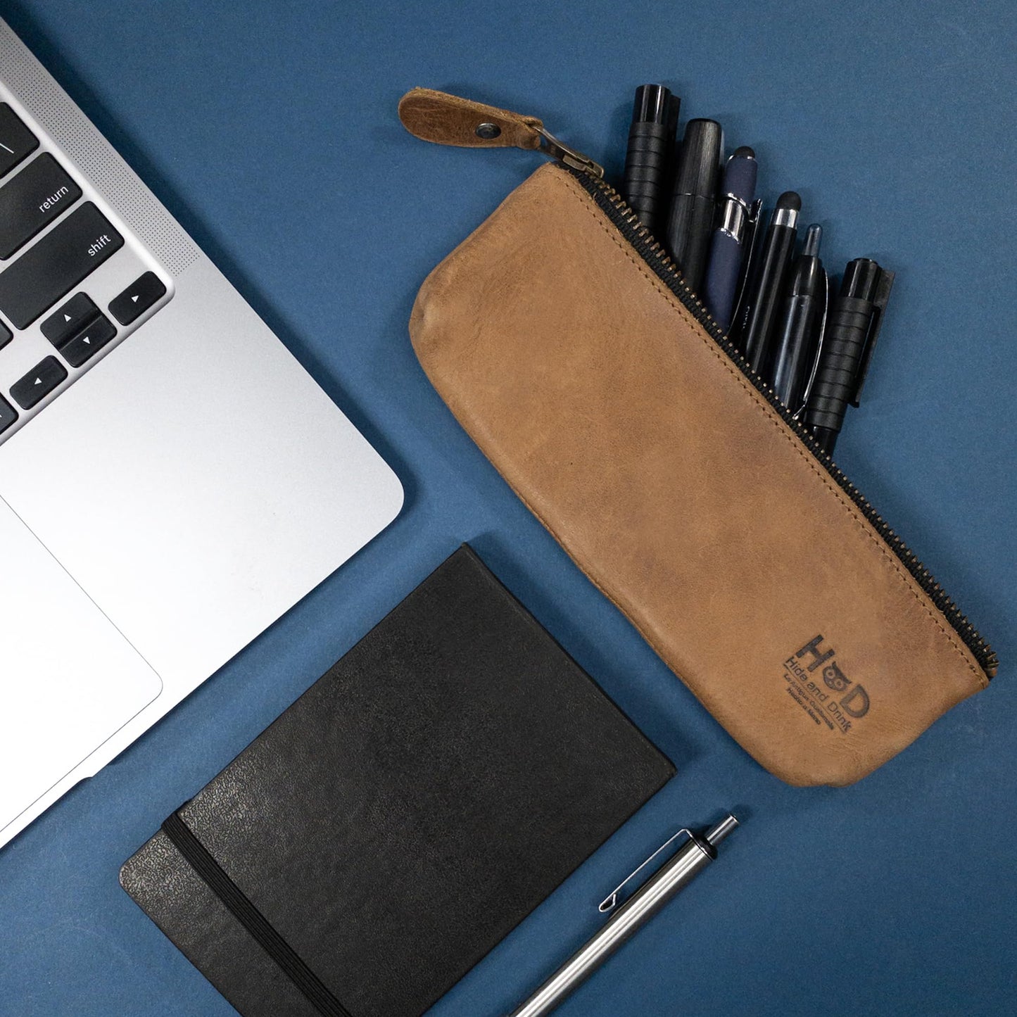 Hide & Drink, Rectangular Pencil Case, Pen & Marker Pouch for Men and Women, Flat Zippered Holder, Classic Style for Artists, Full Grain Leather, Handmade, Single Malt Mahogany