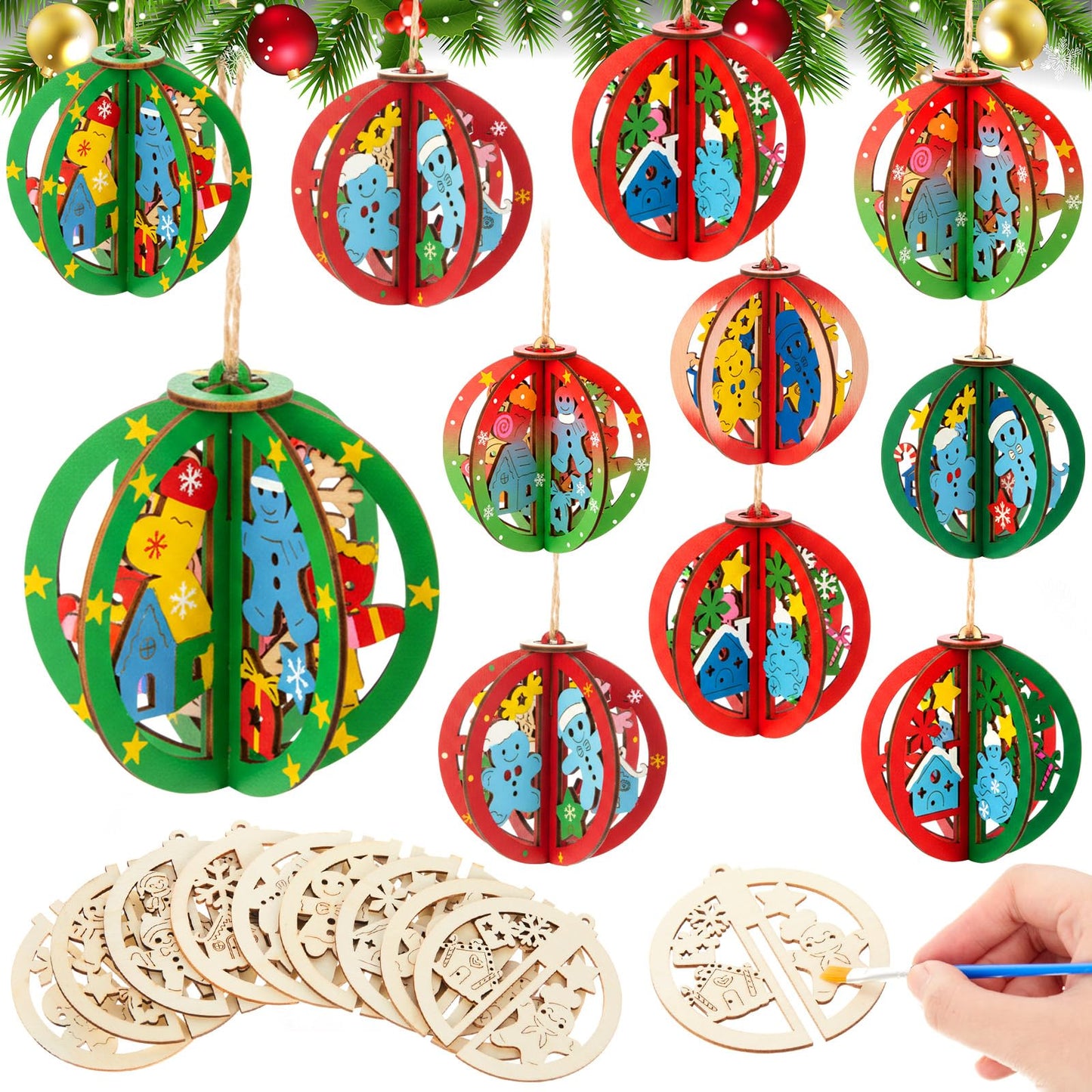 Chunful 72 Pcs DIY Wooden Crafts to Paint Winter Gingerbread Ornaments 3D Unfinished Wood Cutouts Blank Hollow Wood Slice for Craft Projects, Party, Holiday Cookie Decorations