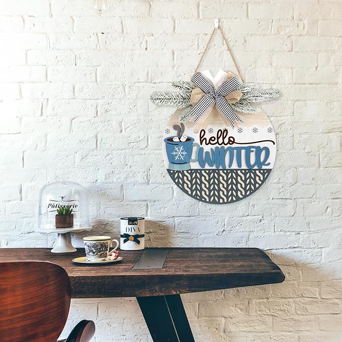 TOARTi Hello Winter Welcome Door Wreath with Bow Pine(11.4''x11.4''), Rustic Coffee Cup Snowflake Sign Hanging, Farmhouse Home Kitchen Cafe Wooden Decoration for Christmas Winter Housewarming Gift