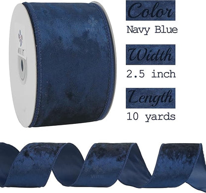 MEEDEE Navy Velvet Wired Ribbon 2.5 inch with 10 Yards Thick Christmas Velvet Ribbon for Tree, Gift Wrapping, Garlands, Christmas Wreaths, Bows, Crafts Supply, Seasonal Decorations
