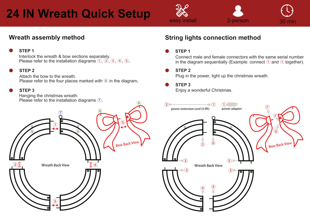 Outdoor Christmas Wreath Decoration - 24" Bright LED Christmas Wreath Lights with Bow, Large Lighted Christmas Wreaths Window Lights for Wall, Windows, Front Door Decor, Red Bow - Gold Wreath