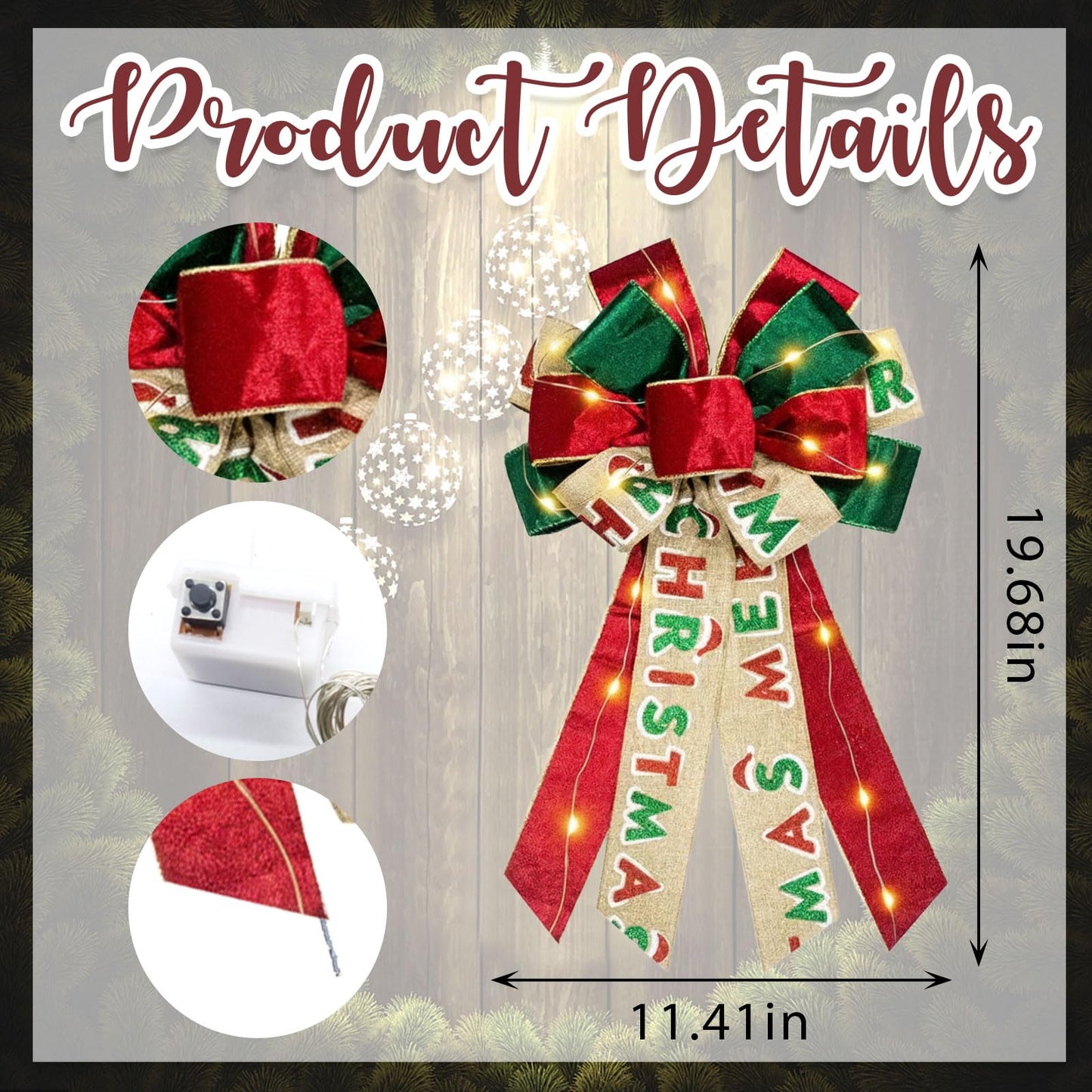 Hying Large LED Christmas Bows for Wreath, Merry Christmas Wreath Bow Red Green Velvet Bows with LED Lights Xmas Farmhouse Tree Topper Bows for Front Door New Year Christmas Decoration Supplies
