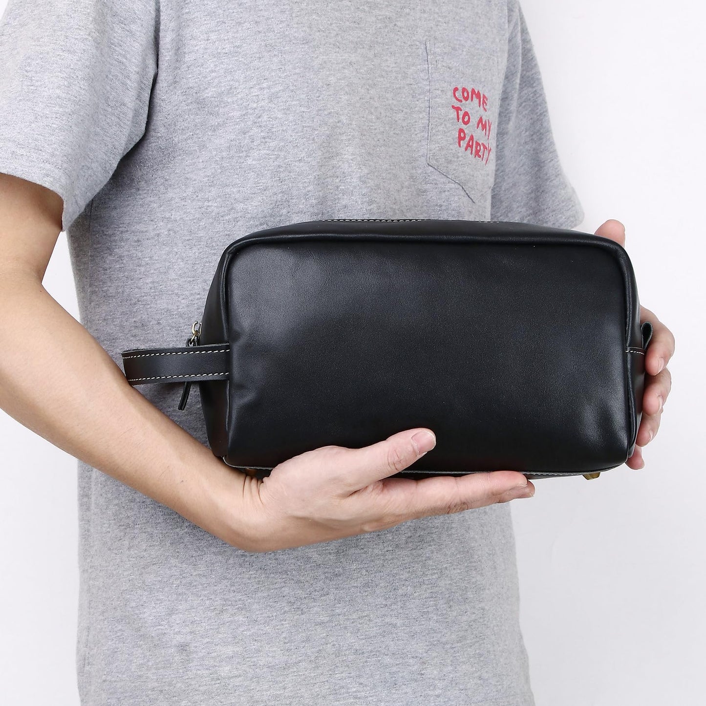 Full Grain Genuine Leather Zipped Travel Toiletry Bag for Women Men Ladies Clutch Purse Wallet Shaving Bag Cosmetic Bag Dopp Kit Wristlet Organizer Holder Wrist Bag Pack Business Handbag Black