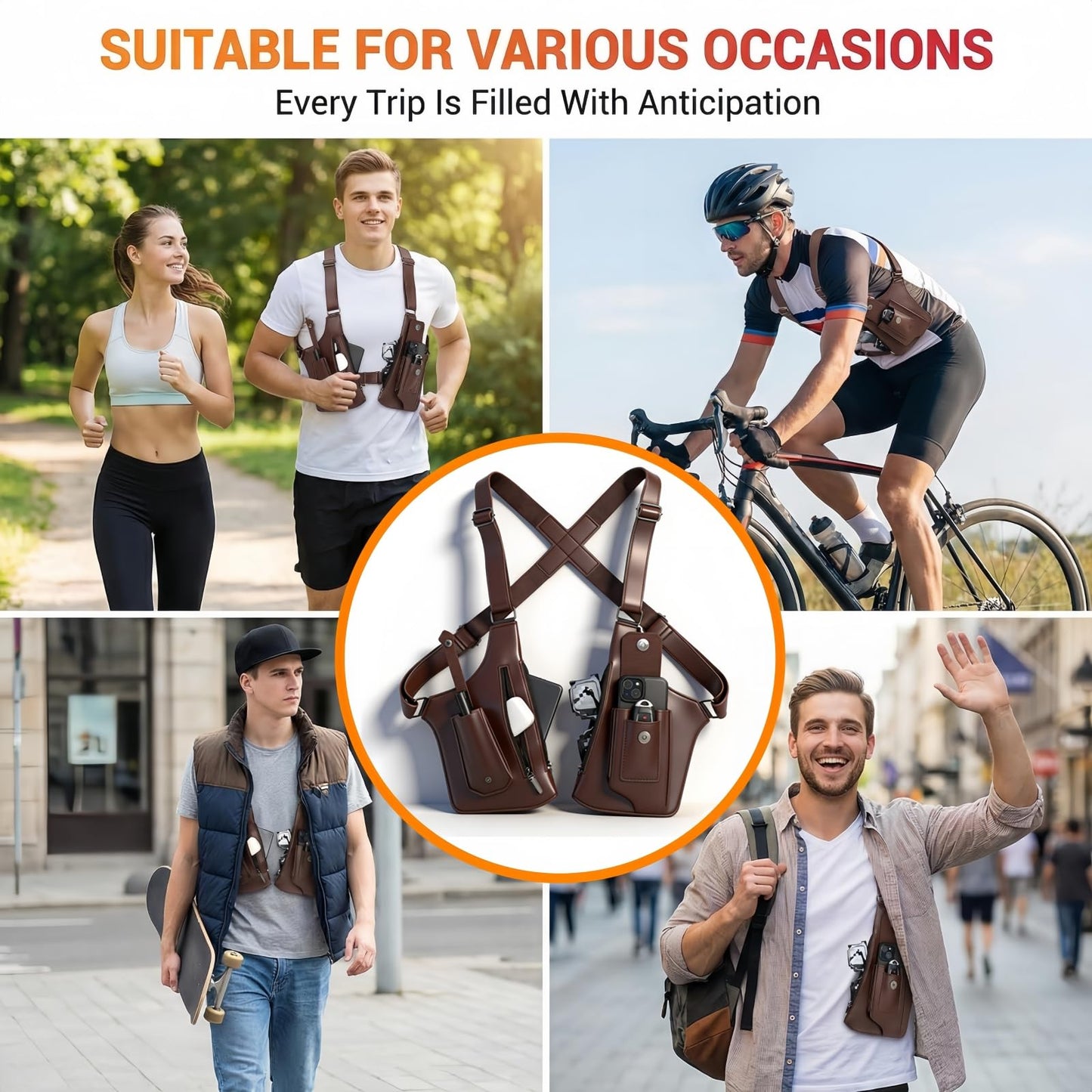 Anti-Theft Shoulder Holster Bag for Men, Double Shoulder Armpit Chest Bag - Premium Leather, Adjustable Straps, Phone Wallet Pocket - Travel, Outdoor - Unisex Underarm Pouch (Brown)