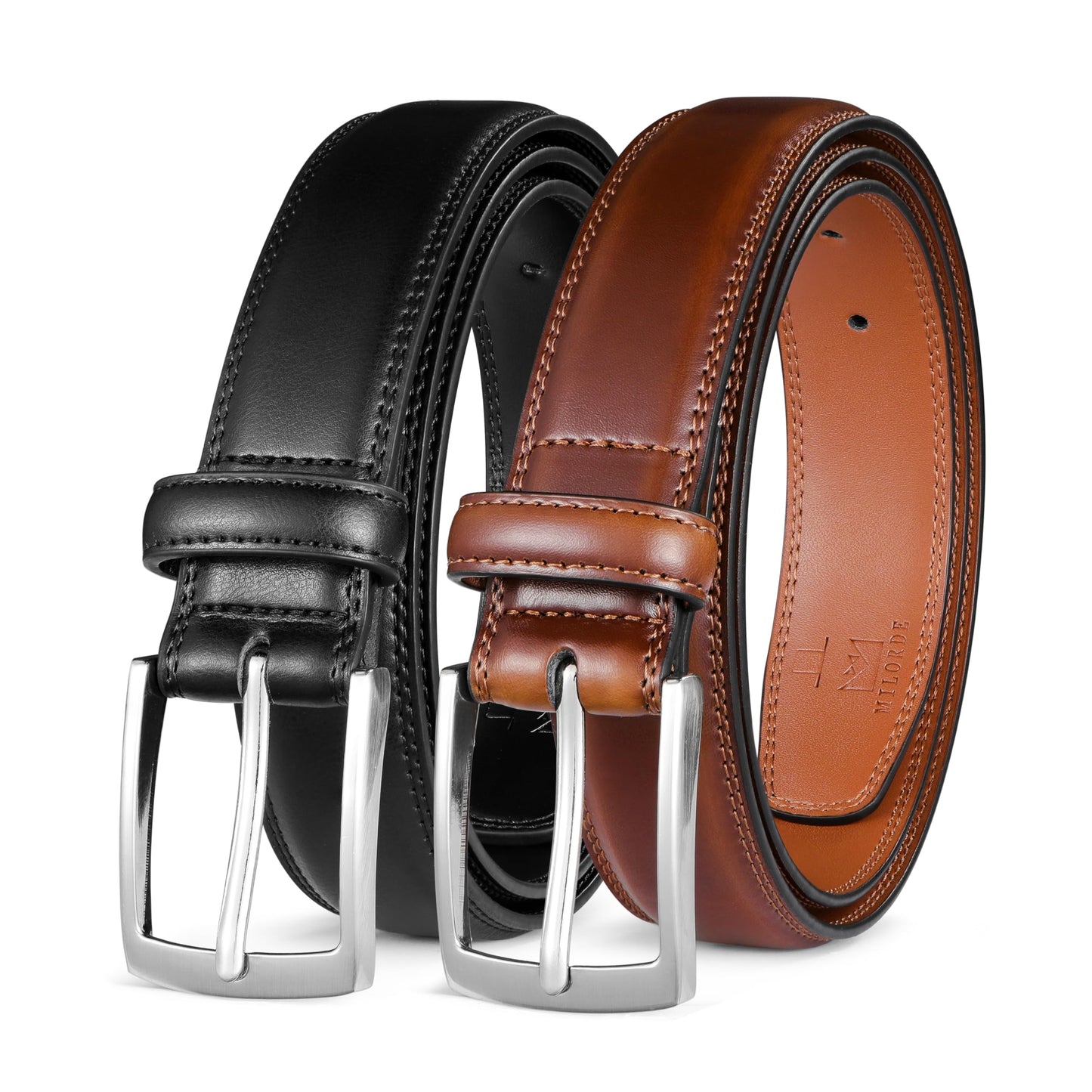 MILORDE Men's Leather Dress Belt 2Pack, Handmade, 100% Cow Leather, Fashion & Classic Designs for Work Business and Casual (2pack-Black101/Brown103,38)