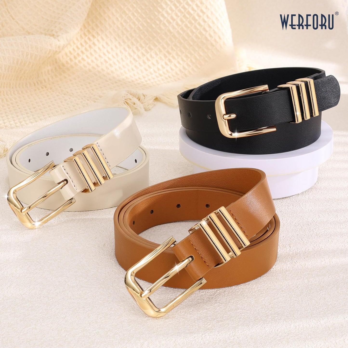 WERFORU 3 PACK Women Belt Women Fashion Leather Belts for Jeans Pants Ladies Belts with Gold Buckle,B-Black+Brown+Beige-gold,Fit Waist Size 32-36 Inches