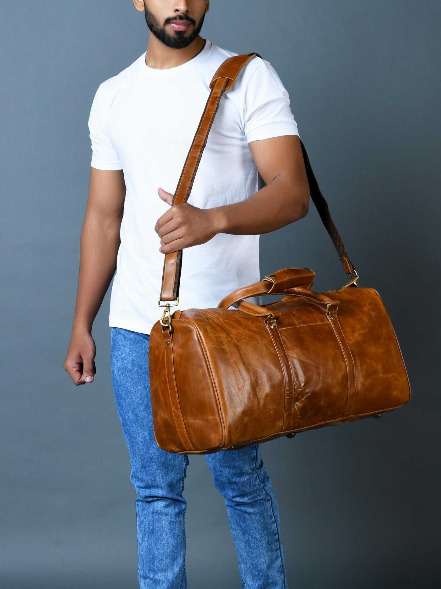 Duffle Bag For Men and Women, 21 Inch Vintage Buffalo Leather Travel Duffle Bag, Genuine Carry On Overnight Bag, Weekender Gym Bag with Shoulder Strap, Carry on Airplane Luggage Bags