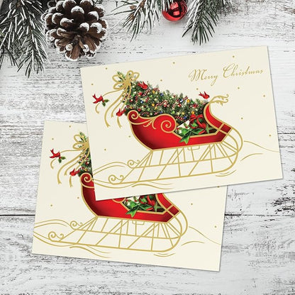 Canopy Street Masterpiece Holiday Sleigh Christmas Cards / 15 Traditional Holiday Cards With Coordinating White Envelopes Set / 5 5/8" x 7 7/8" Winter Greeting Cards With Inside Verse/Made In The USA