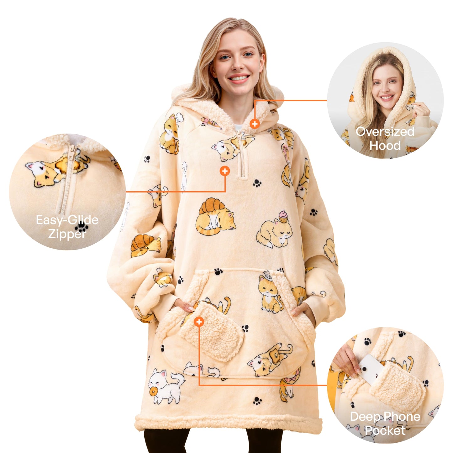 Giggling Getup Wearable Blanket Hoodie for Adults Gifts for Teen Girls Sister Women Sherpa Fleece Printed Hooded Blanket Sweatshirt Warm Cozy with Pocket & Sleeves Beige Cat