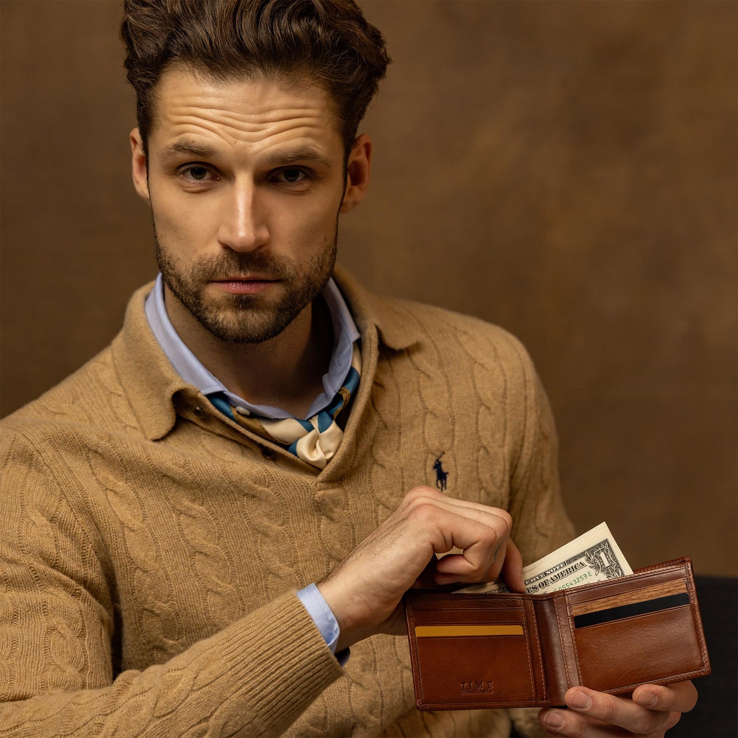 Time Resistance Leather Wallet – Italian Handmade Minimalist Billfold for Cards and Cash – Slim Full-Grain Leather Wallet (Cognac)