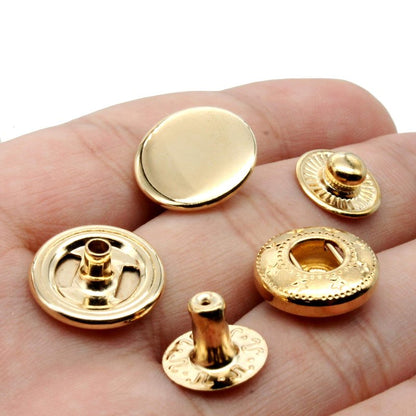 Raydodo 12 Set Leather Snap Fasteners Kit, 15mm Metal Snap Buttons Kit Press Studs with 4 Install Tools, Rivets and Snaps for Clothing, Jeans, Jackets, Bracelets, Bags (Gold)