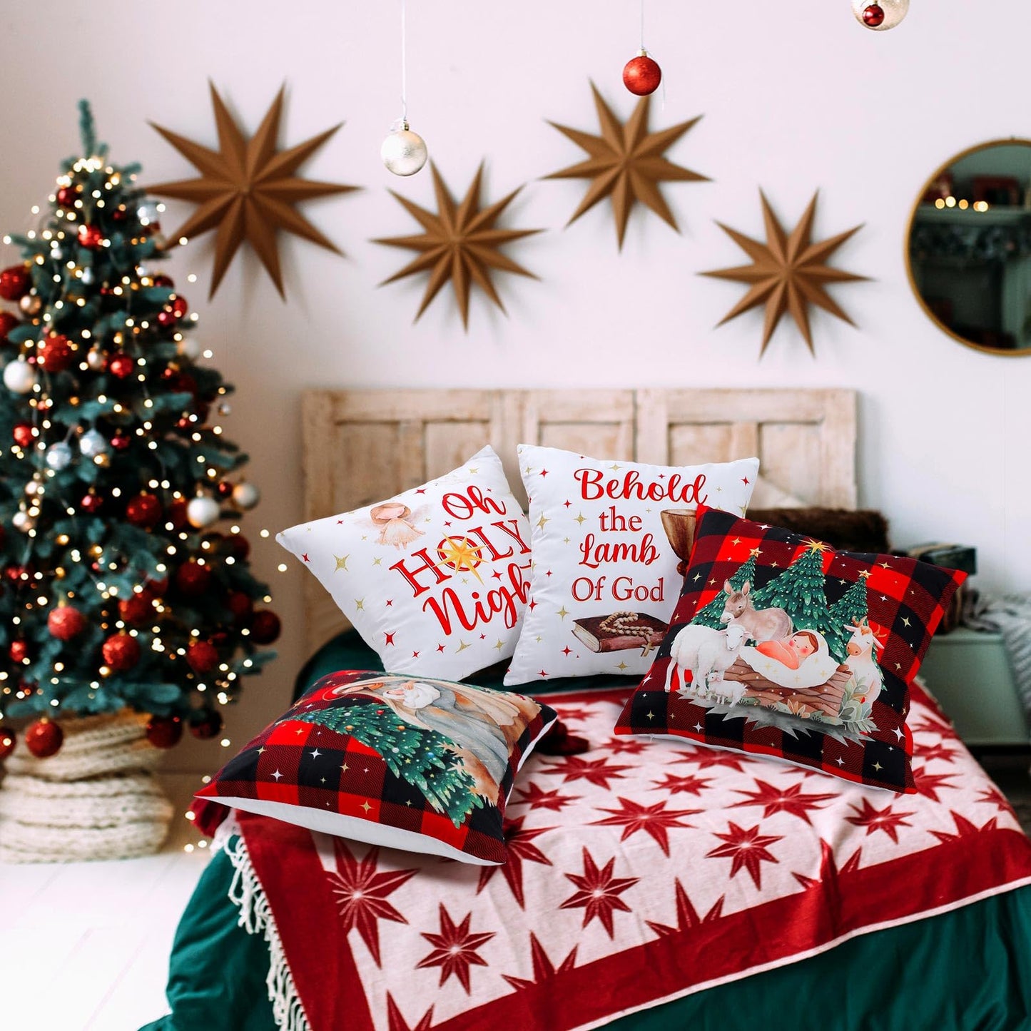FuWeave 6 Pcs Christmas Pillow Covers 18 x 18 Inch Decorative Lime Green Red Xmas Pillow Cushion Case Pillowcase Square Christmas Pillow Covers for Home Sofa Couch Decorations (Nativity Scene)