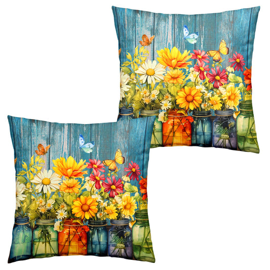 Wnoesat Daisy Vase Pillow Covers 16x16 Set of 2 Rustic Floral Wood Board Decorative Throw Pillow Cases Spring Summer Vintage Flowers Bloom Outdoor Pillowcase for Farmhouse Couch Sofa Decor