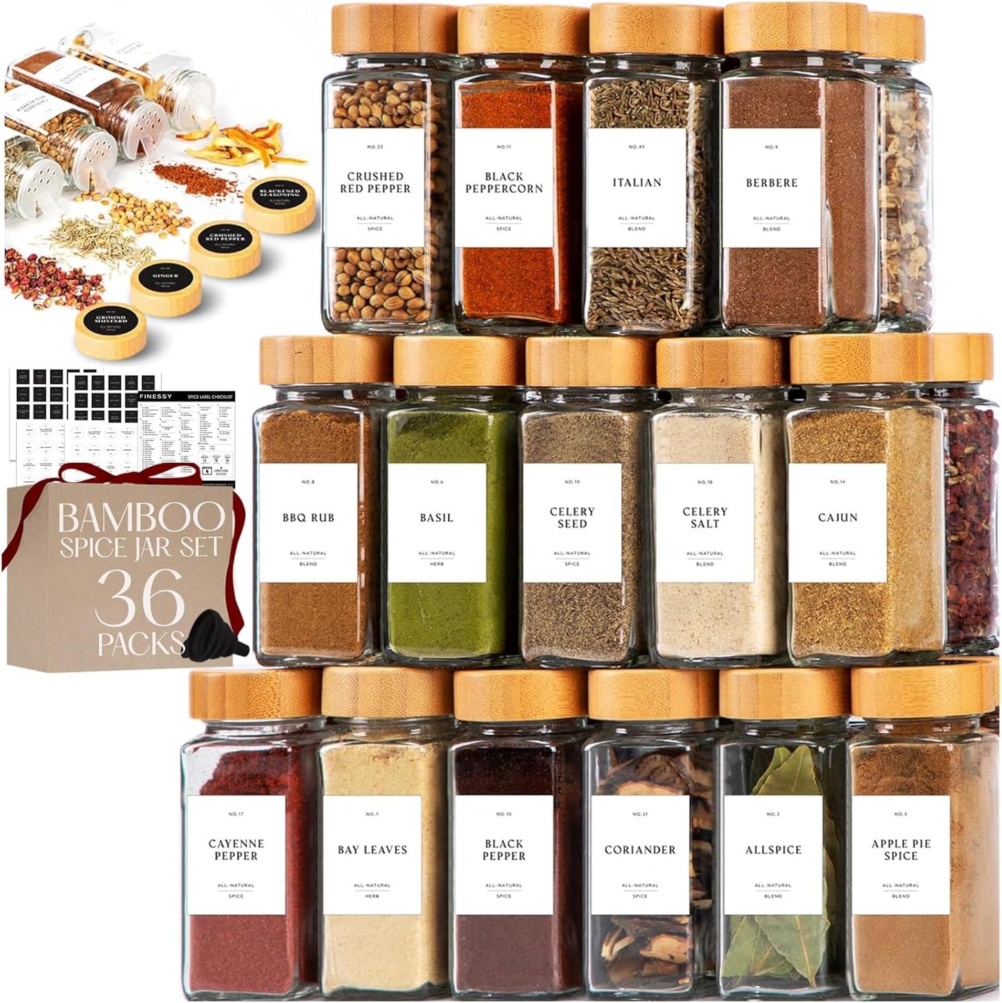 FINESSY Glass Spice Jars with Label with Bamboo Lids 36 Pack Set, 4oz Empty Clear Glass Spice Bottles with Shaker Lids, Airtight Kitchen Seasoning Organizer Jars, Herb Seasoning Containers with Labels