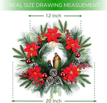 YULETIME 20" Pre-Lit Nativity Wreath, Battery Operated with 10 Fairy Lights, Holy Family Nativity Statue, Star of Bethlehem, Pine Cones, Red Poinsettia & Berries, Pine Needles (Nativity Poinsettia)