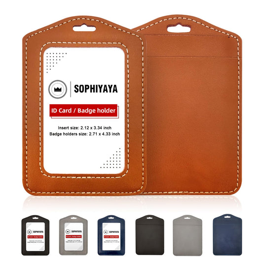 2 Pack Genuine Leather Badge Holder, Key Card Holder, Vertical ID Badge Holder for Student, Teacher, Office, Work and Factory (Brown)