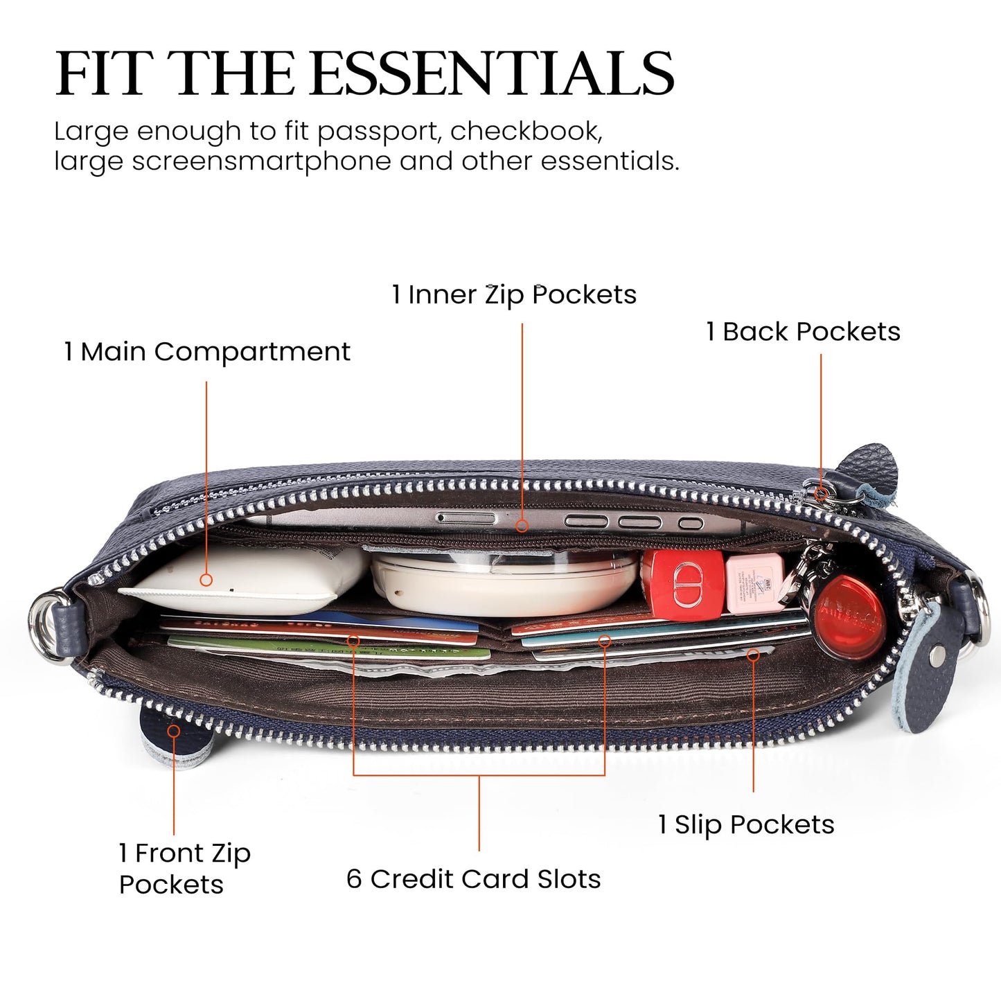 befen Leather Wristlet Wallets for Women, RFID Blocking Small Crossbody Bags, Women Leather Purses Handbags Shoulder Bag Trendy Clutch Purse with Adjustable Shoulder Strap and Wrist Strap, Navy Blue